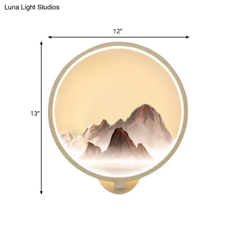 Led Oriental Style Wall Lamp With Mountain Pattern - White Circular Metal Lighting Idea