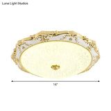 Led Round Ceiling Flush - Traditional White And Gold Mount Lighting With Milky Glass Print