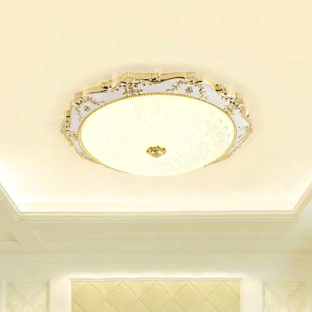 Led Round Ceiling Flush - Traditional White And Gold Mount Lighting With Milky Glass Print White -