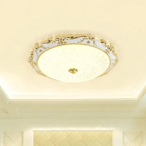 Led Round Ceiling Flush - Traditional White And Gold Mount Lighting With Milky Glass Print White -
