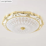 Led Round Ceiling Flush - Traditional White And Gold Mount Lighting With Milky Glass Print