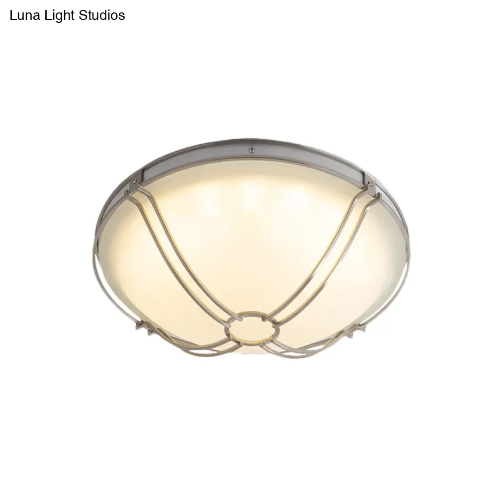 Led White Glass Flush Mount Ceiling Light With Metal Cage - Country Dome Fixture