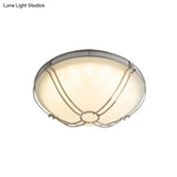 Led White Glass Flush Mount Ceiling Light With Metal Cage - Country Dome Fixture