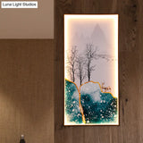 Light Asia Fabric Tearoom Rectangular Wall Mural Led Sconce With Fish/Elk Pattern Blue