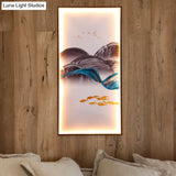 Light Asia Fabric Tearoom Rectangular Wall Mural Led Sconce With Fish/Elk Pattern Blue