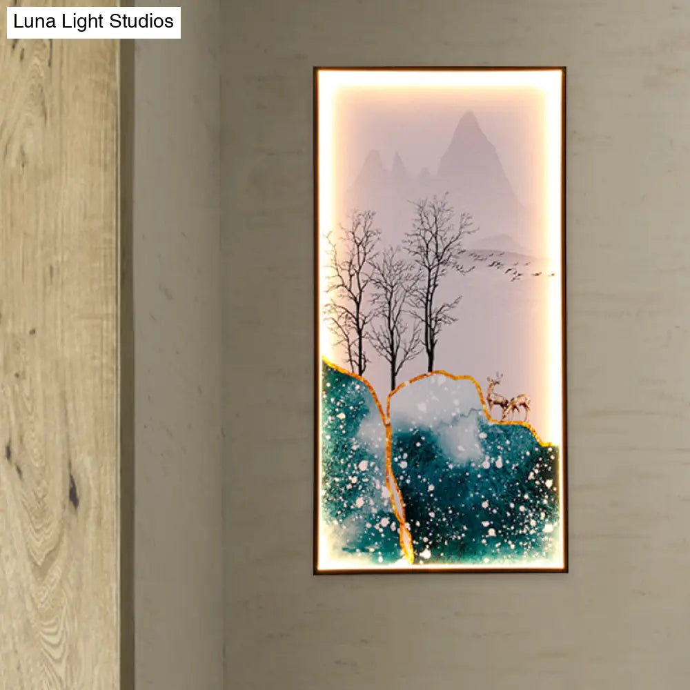 Light Asia Fabric Tearoom Rectangular Wall Mural Led Sconce With Fish/Elk Pattern Blue