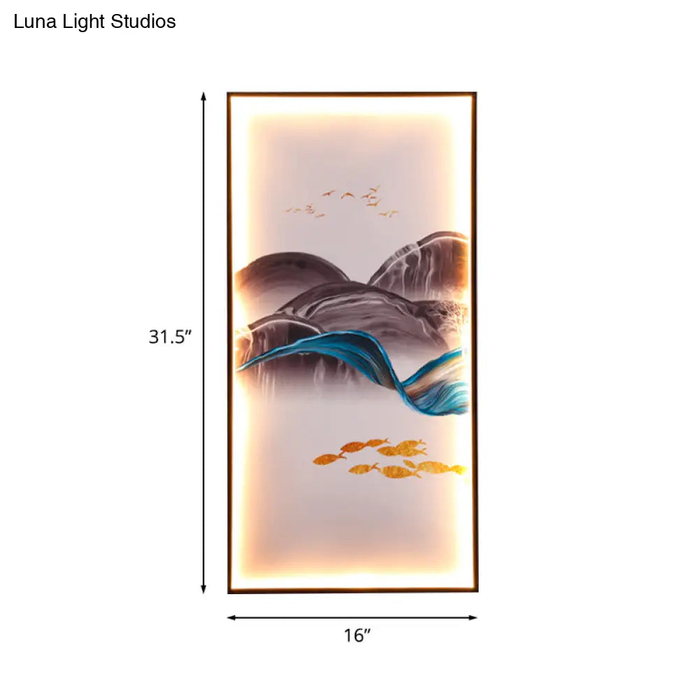 Light Asia Fabric Tearoom Rectangular Wall Mural Led Sconce With Fish/Elk Pattern Blue