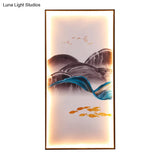 Light Asia Fabric Tearoom Rectangular Wall Mural Led Sconce With Fish/Elk Pattern Blue