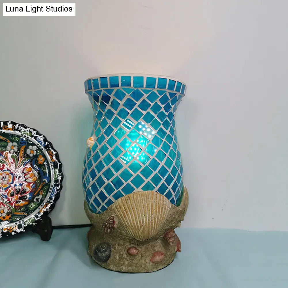 Light Blue Glass Desk With Shell Accent - Moroccan Style For Bedroom Task Lighting