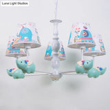 Light Blue Resin Elephant Chandelier 5/6 Heads Cartoon Style Pendant Ceiling With Fabric Shade &