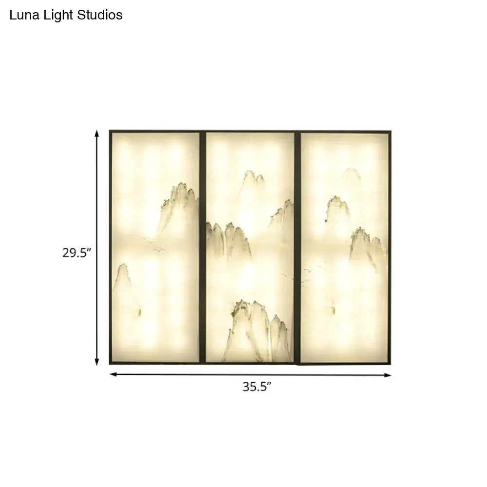 Light Fabric Asian Wall Mural With Led Sconce Lighting - Hills Drawing Bedroom Décor