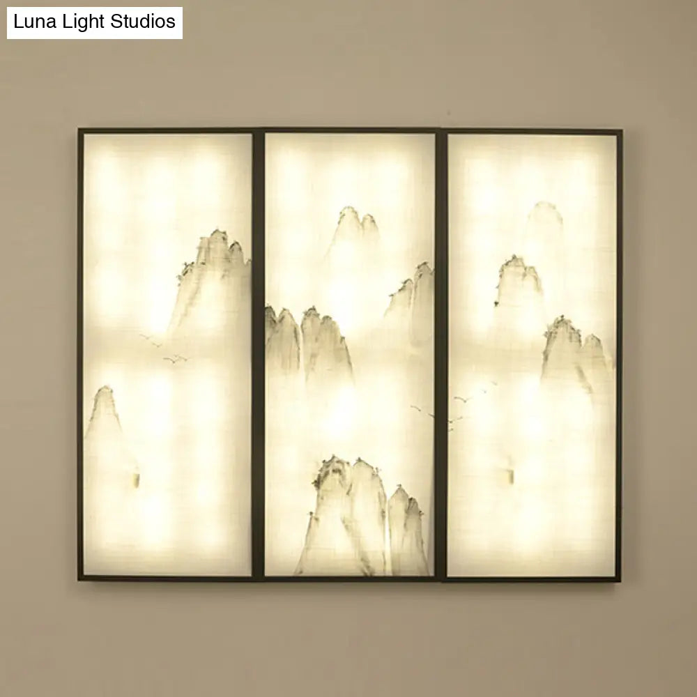 Light Fabric Asian Wall Mural With Led Sconce Lighting - Hills Drawing Bedroom Décor