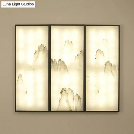 Light Fabric Asian Wall Mural With Led Sconce Lighting - Hills Drawing Bedroom Décor