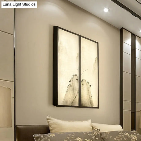 Light Fabric Asian Wall Mural With Led Sconce Lighting - Hills Drawing Bedroom Décor