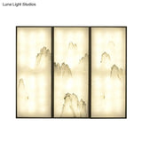 Light Fabric Asian Wall Mural With Led Sconce Lighting - Hills Drawing Bedroom Décor