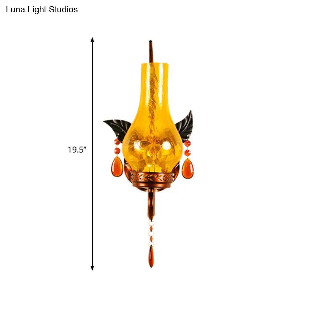 Light Yellow Cracked Glass Vase Wall Mount With Orange Crystal Deco - 1 Bathroom Sconce