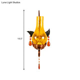 Light Yellow Cracked Glass Vase Wall Mount With Orange Crystal Deco - 1 Bathroom Sconce