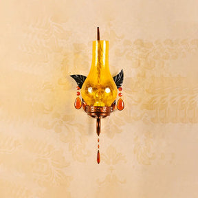 Light Yellow Cracked Glass Vase Wall Mount With Orange Crystal Deco - 1 Bathroom Sconce