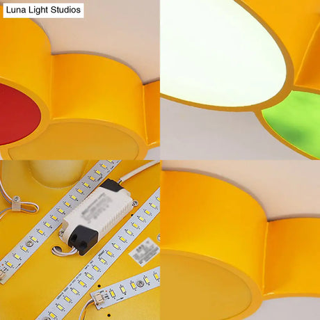 Lighting Up Learning: Yellow Metal Led Flush Mount Fixture With Adorable Cartoon Caterpillar Design