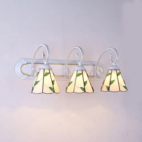 Lily Sconce Light Fixture In Tiffany Blue/Beige Glass - 3-Head White Wall Mounted With Scrolling Arm