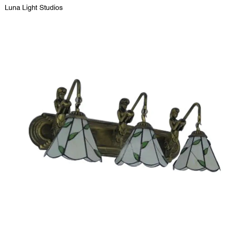 Lily Tiffany Beige Glass Sconce Light With Mermaid Decoration - 3 Heads Wall Mounted