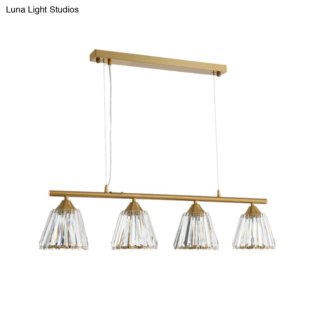 Linear Crystal Island Pendant Light With Conic Gold Shade - 3/4 Heads Modern Hanging Fixture