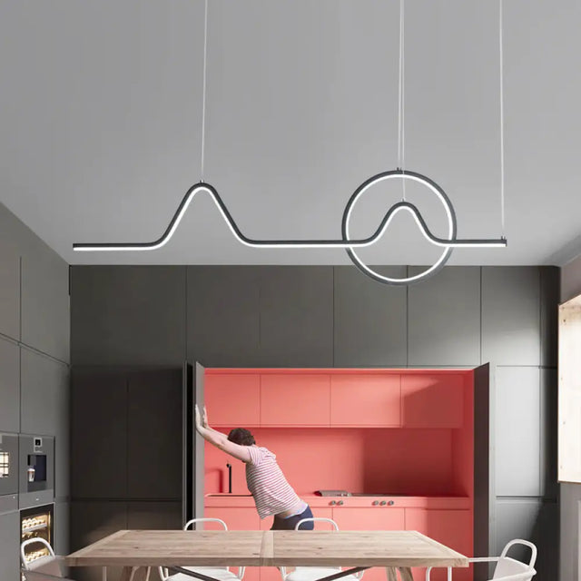 Linear Mountain & Sun Acrylic Pendant Light With Led Warm/White Glow - Black/Gold Finish For Dining