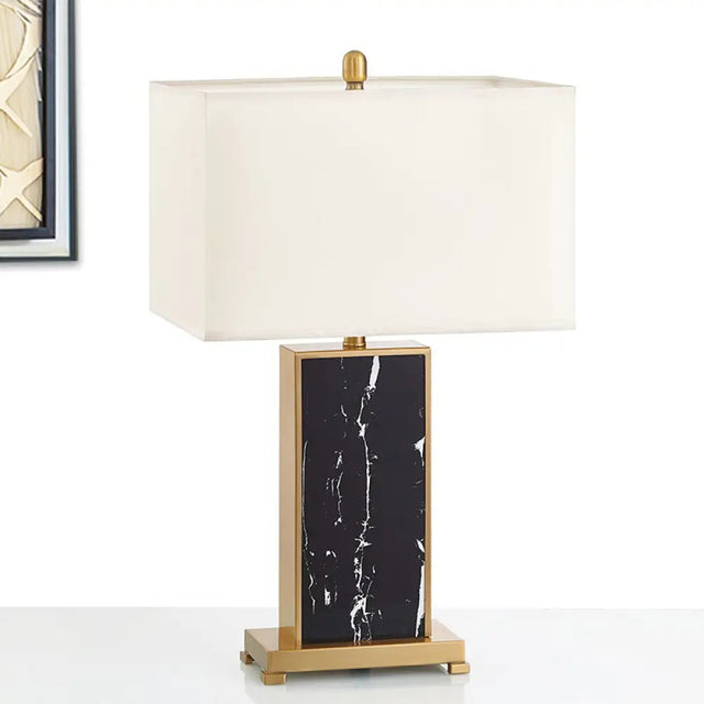 Living Room Table Lamp - Luxury Black Fabric Nightstand Light With Stone Base