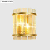 Living Room Wall Mount Light: Modern Gold Ribbed Glass Sconce With 2 Bulbs