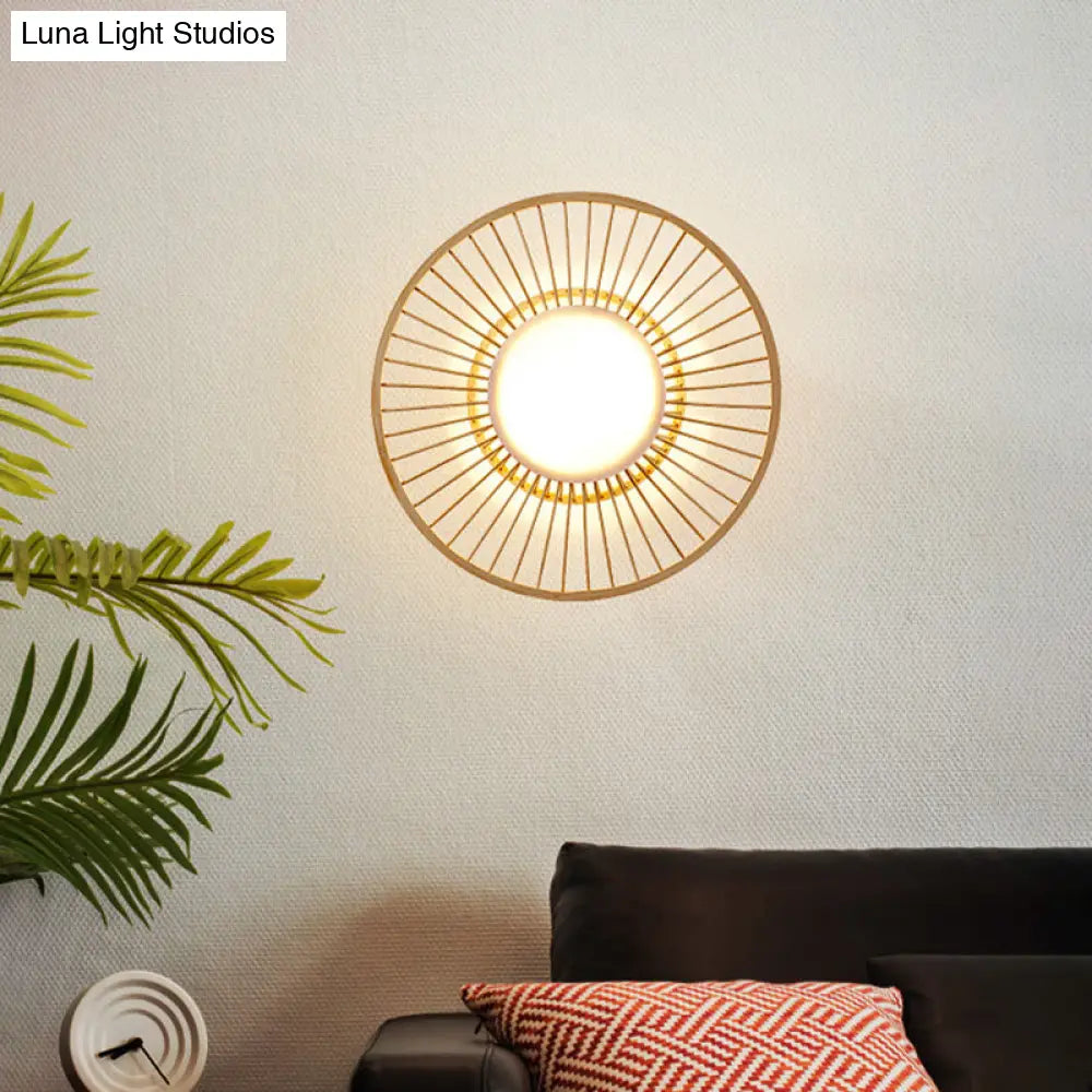 Living Room Wall Mounted Asian Style Bamboo Sconce Lamp With Beige Shade