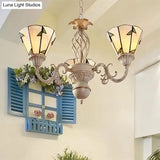 Lodge Conical Pendant Light - Adjustable Chain 3-Light Beige Stained Glass Chandelier