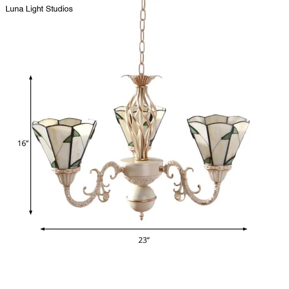 Lodge Conical Pendant Light - Adjustable Chain 3-Light Beige Stained Glass Chandelier