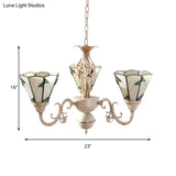 Lodge Conical Pendant Light - Adjustable Chain 3-Light Beige Stained Glass Chandelier