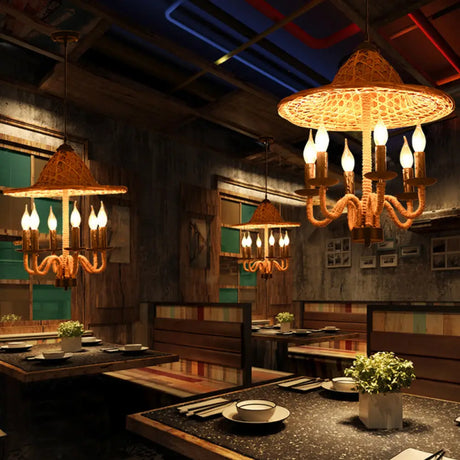 Lodge Jute Rope Ceiling Chandelier With Bamboo-Woven Hat Top - 6/7 Bulbs Brown Hanging Lamp 6 /