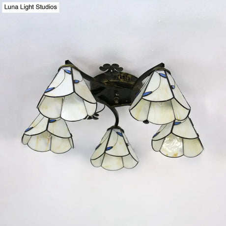 Lodge Semi Flushmount With Stained Glass Cone Shade - 5 Clear/Blue/Beige Lights For Stairway