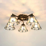 Lodge Semi Flushmount With Stained Glass Cone Shade - 5 Clear/Blue/Beige Lights For Stairway Clear