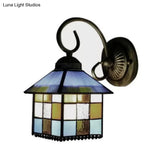 Lodge Stained Glass Wall Sconce With Curved Arm - Mini Mount Light