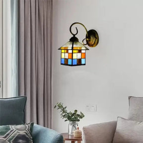 Lodge Stained Glass Wall Sconce With Curved Arm - Mini Mount Light Blue