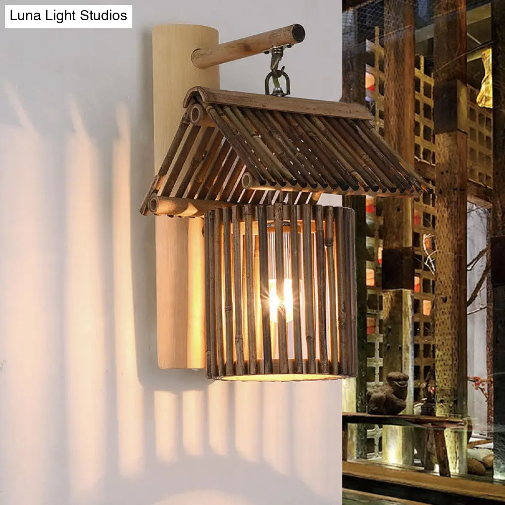 Lodge-Style Beige Wall Sconce With House Bamboo Shade - Bedroom Light