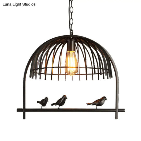Lodge Style Birdcage Hanging Light Fixture - Iron Pendant With Dome Shade In Rust/Black