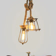 Lodge Style Black Caged Ceiling Fixture With Metal And Rope Hangings - 2 Lights Unique Shade For