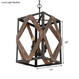 Lodge Style Black Metal Pendant Light With Wooden Rhombus Accents - 4-Light Rectangle Cage Hanging