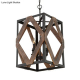 Lodge Style Black Metal Pendant Light With Wooden Rhombus Accents - 4-Light Rectangle Cage Hanging