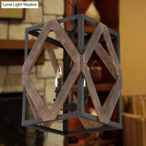 Lodge Style Black Metal Pendant Light With Wooden Rhombus Accents - 4-Light Rectangle Cage Hanging