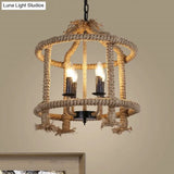 Lodge-Style Brown Pendant Lamp With 4 Rope Cage Shades - Stylish Hanging Light Fixture Perfect For