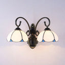 Lodge Style Floral Wall Lamp - Stained Glass & Metal 2-Head Bedroom Light (White/Clear/Blue/Beige)
