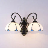 Lodge Style Floral Wall Lamp - Stained Glass & Metal 2-Head Bedroom Light (White/Clear/Blue/Beige)
