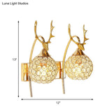 Lodge Style Metal Deer Head Wall Sconce: 1/2-Bulb Mount Light With Crystal Dome Shade In Chrome/Gold