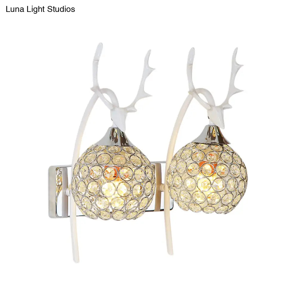 Lodge Style Metal Deer Head Wall Sconce: 1/2-Bulb Mount Light With Crystal Dome Shade In Chrome/Gold