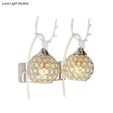 Lodge Style Metal Deer Head Wall Sconce: 1/2-Bulb Mount Light With Crystal Dome Shade In Chrome/Gold